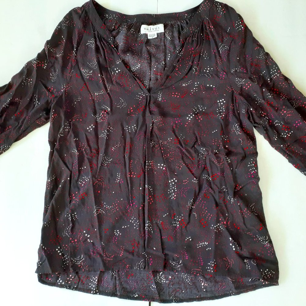 Velvet Graham Spencer Top Hi Lo Black Purple Red Geometric Print Blouse Small